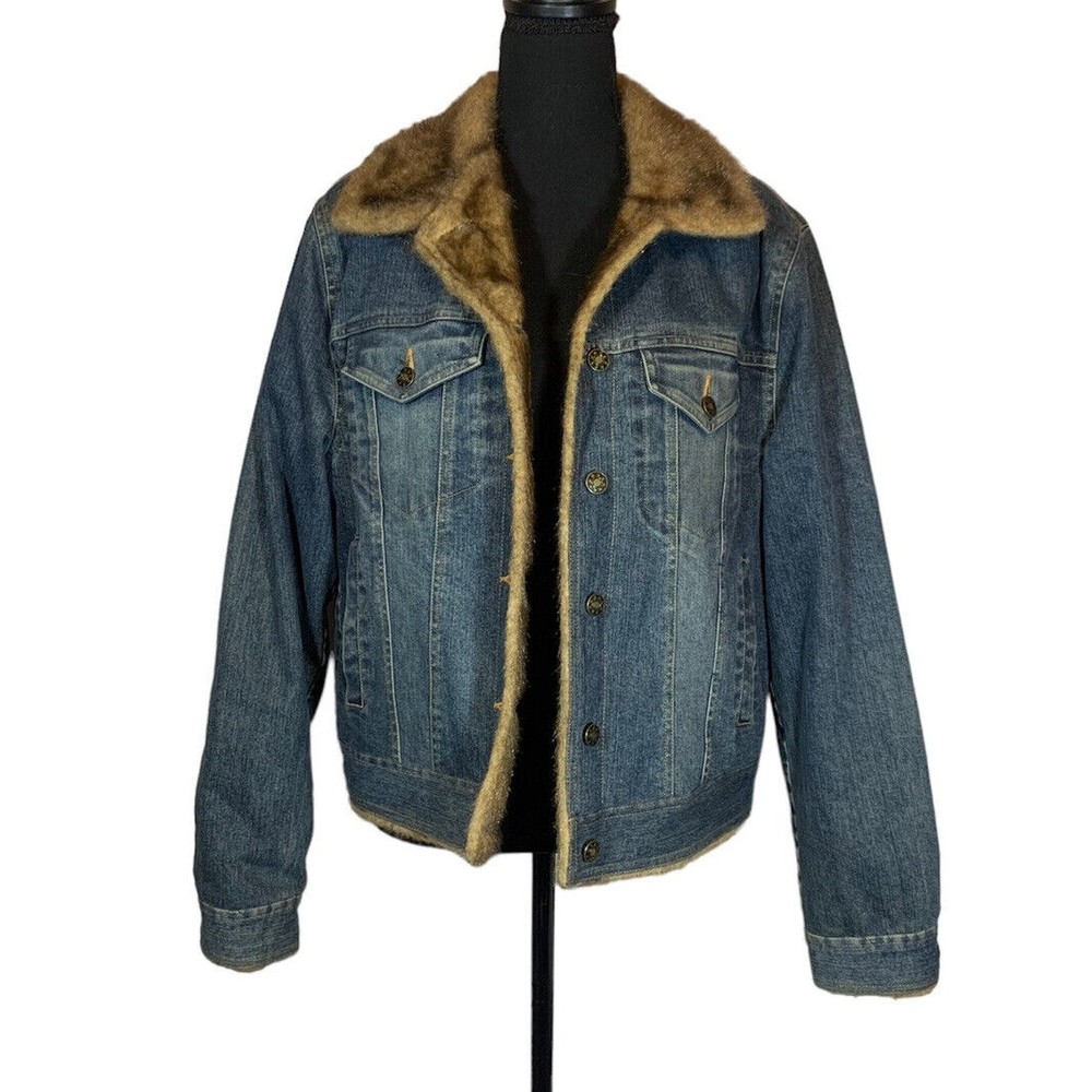 Marvin Richards Denim Faux Fur Jacket Womens Size M Fur Trimmed Lined Cuffs